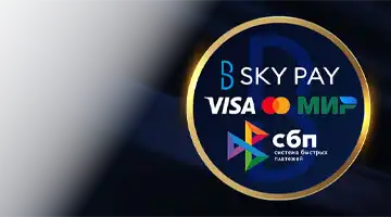 Изображение популярных платежных логотипов, таких как Visa, Mastercard и МИР, а также Sky Pay, подчеркивающее гибкость платежей в Лев интернет-казино.